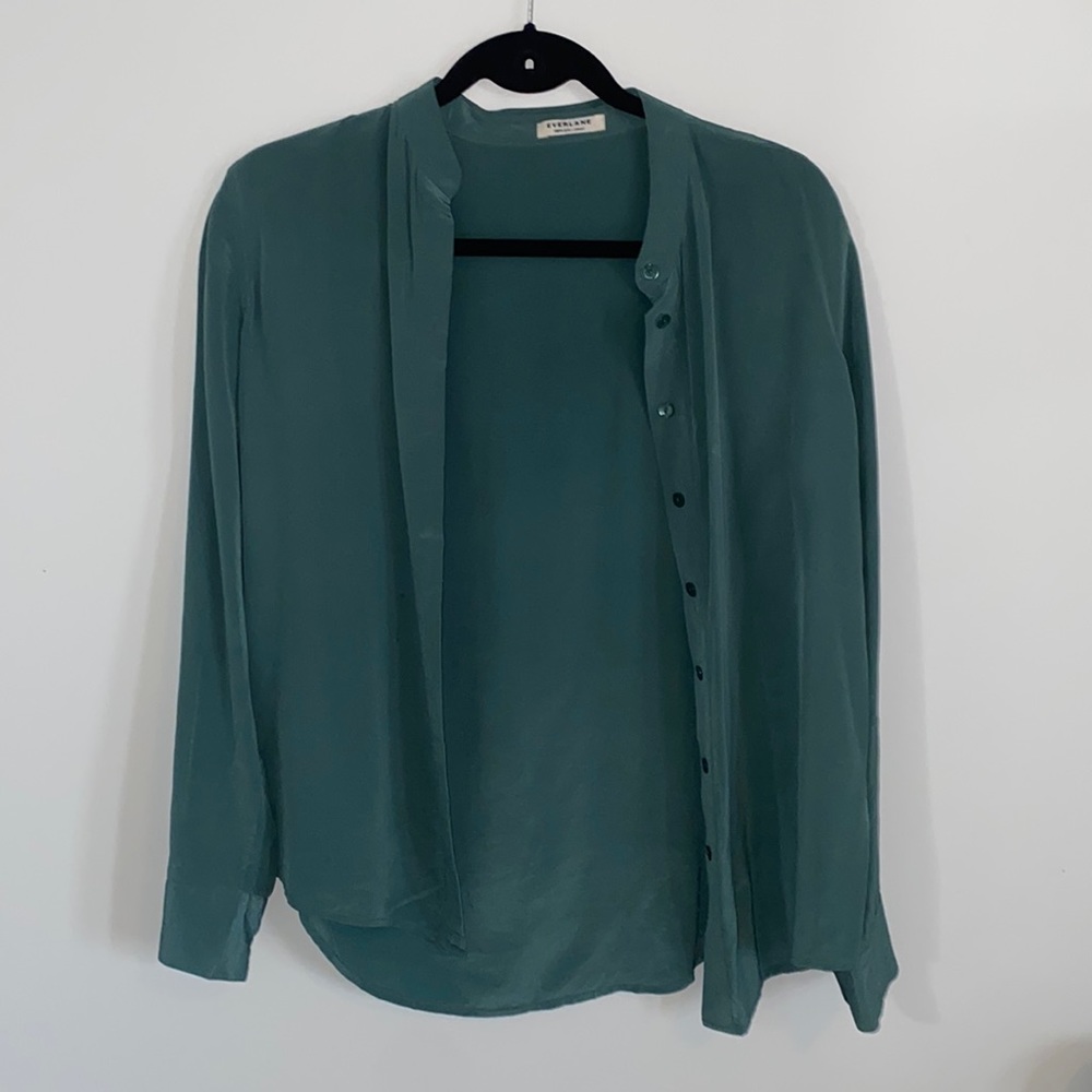 Everlane collarless silk button down shirt